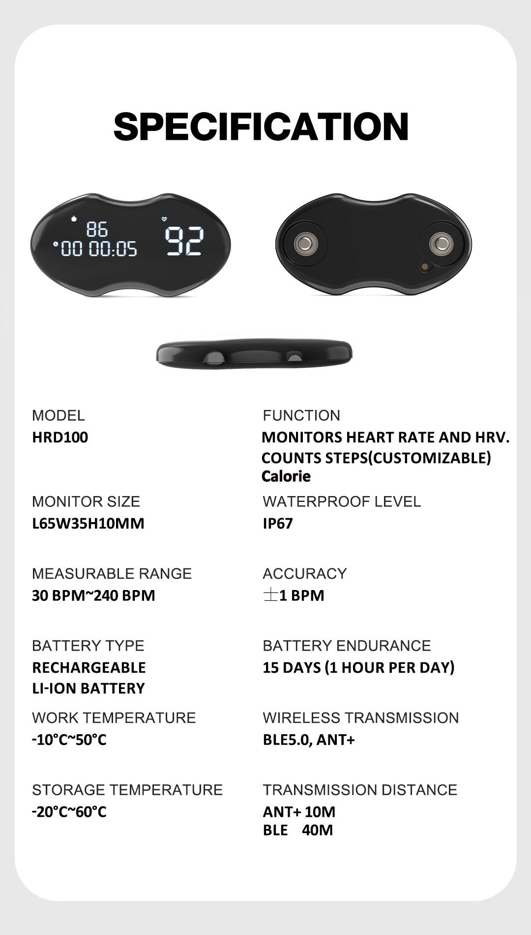 Smart Fitness Heart Rate Monitor Chest Strap with Data Display - IP67 Waterproof, Rechargeable, BLE & ANT+(black)