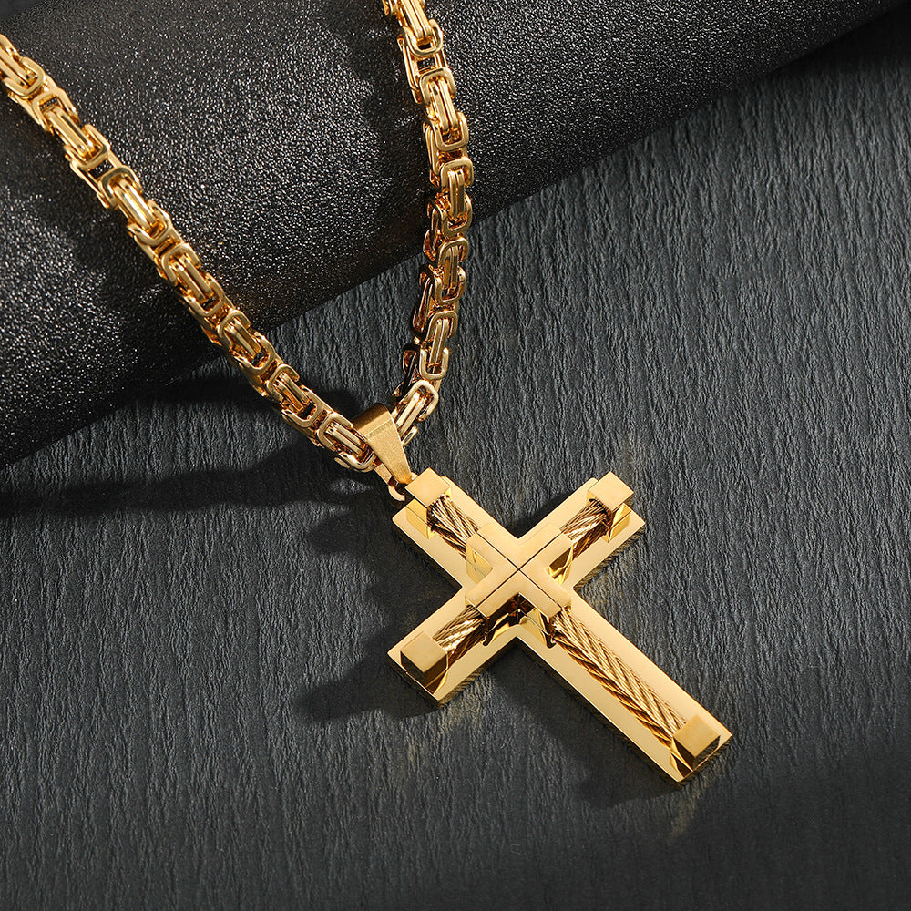 Men&#39;s Stainless Steel Layered Cross Pendant with Byzantine Chain - Fashion Statement Necklace(Gold)