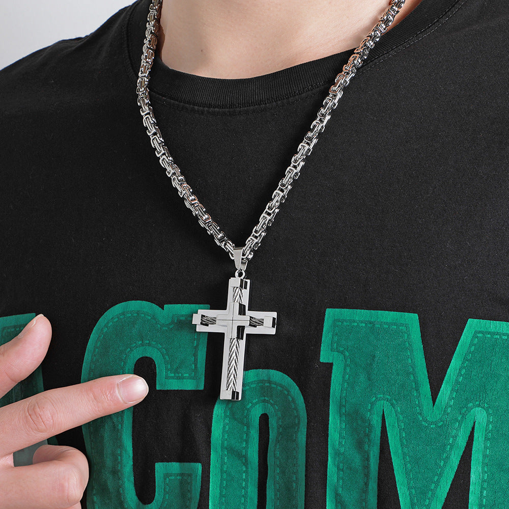 Men's Stainless Steel Layered Cross Pendant with Byzantine Chain - Fashion Statement Necklace(Gold)