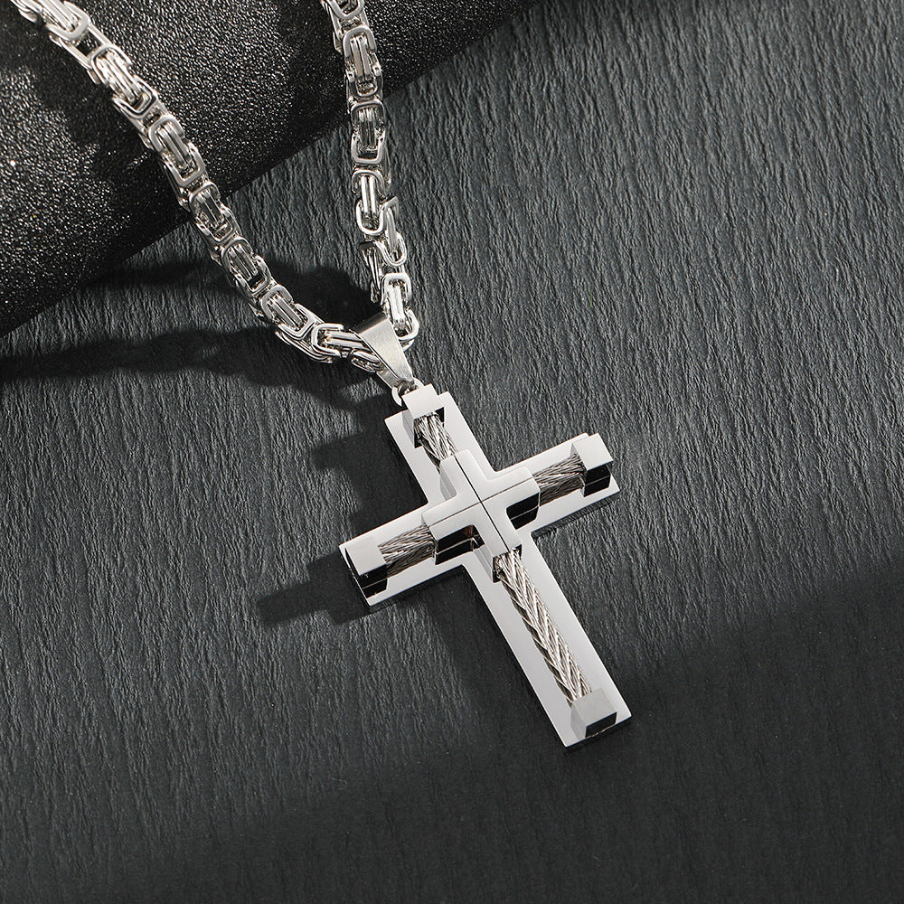 Men&#39;s Stainless Steel Layered Cross Pendant with Byzantine Chain - Fashion Statement Necklace(silver)