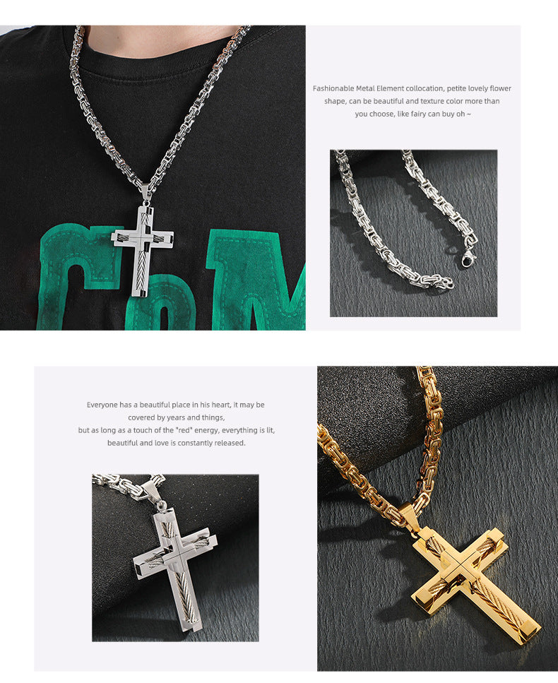 Men's Stainless Steel Layered Cross Pendant with Byzantine Chain - Fashion Statement Necklace(silver)