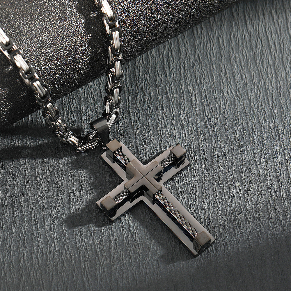 Men&#39;s Stainless Steel Layered Cross Pendant with Byzantine Chain - Fashion Statement Necklace(black)