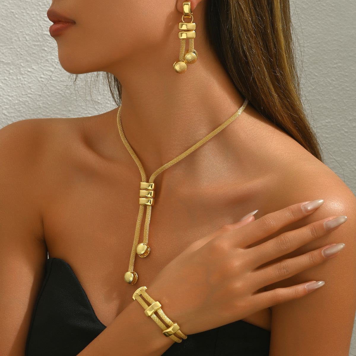 Elegant 3-Piece Mesh Chain Jewelry Set - Tassel Necklace, Bracelet &amp; Dangle Earrings(gold)