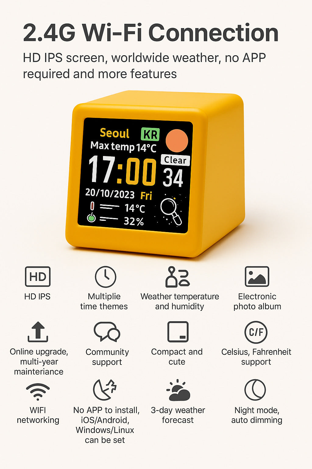 2pc Mini Smart Wi-Fi Weather Station Clock - Desktop Digital Clock with HD IPS Screen, Customizable GIF Display & 3-Day Forecast(Yellow)