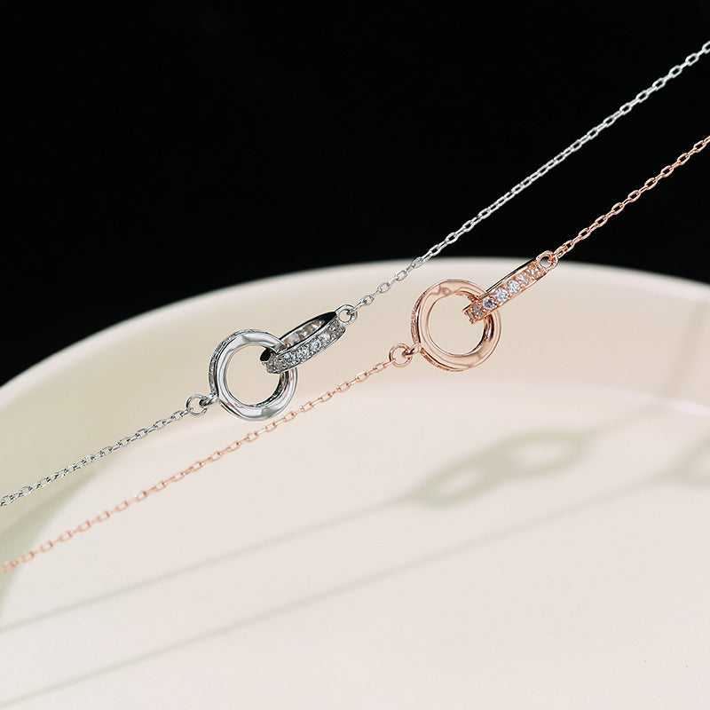 2pc Elegant Interlocking Rings Pendant Necklace with Zirconia Accents - Copper Base, Minimalist Jewelry(Rose gold)
