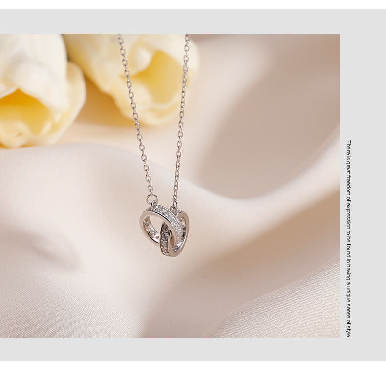 2pc Elegant Interlocking Rings Pendant Necklace with Zirconia Accents - Copper Base, Minimalist Jewelry(Rose gold)