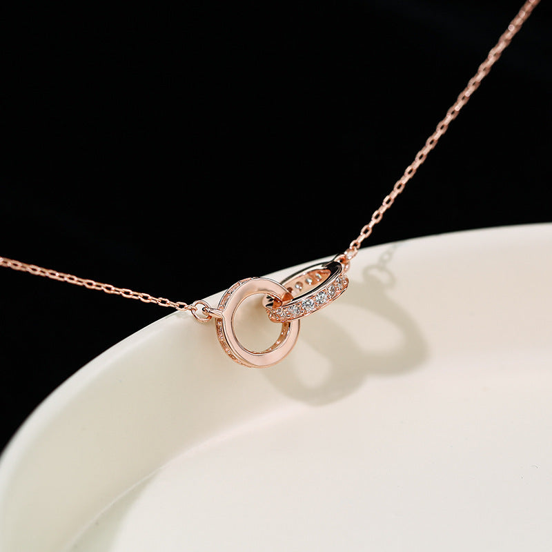 2pc Elegant Interlocking Rings Pendant Necklace with Zirconia Accents - Copper Base, Minimalist Jewelry(platinum)