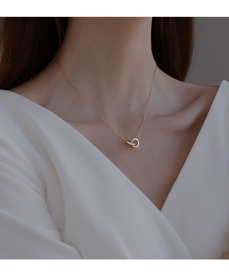 2pc Elegant Interlocking Rings Pendant Necklace with Zirconia Accents - Copper Base, Minimalist Jewelry(platinum)