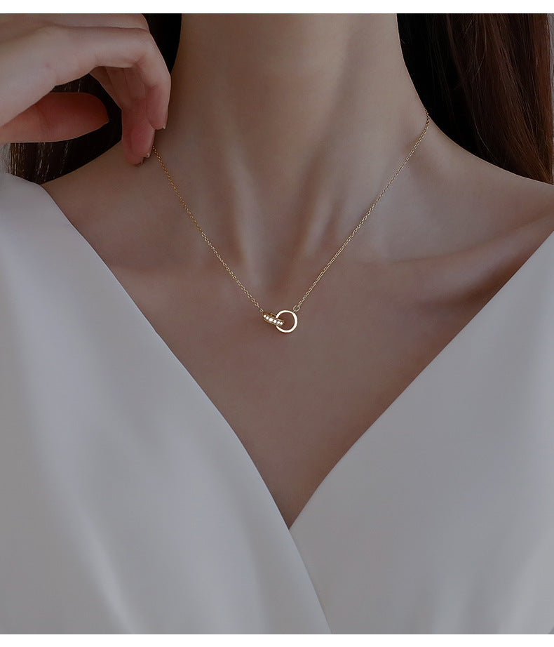 2pc Elegant Interlocking Rings Pendant Necklace with Zirconia Accents - Copper Base, Minimalist Jewelry(platinum)