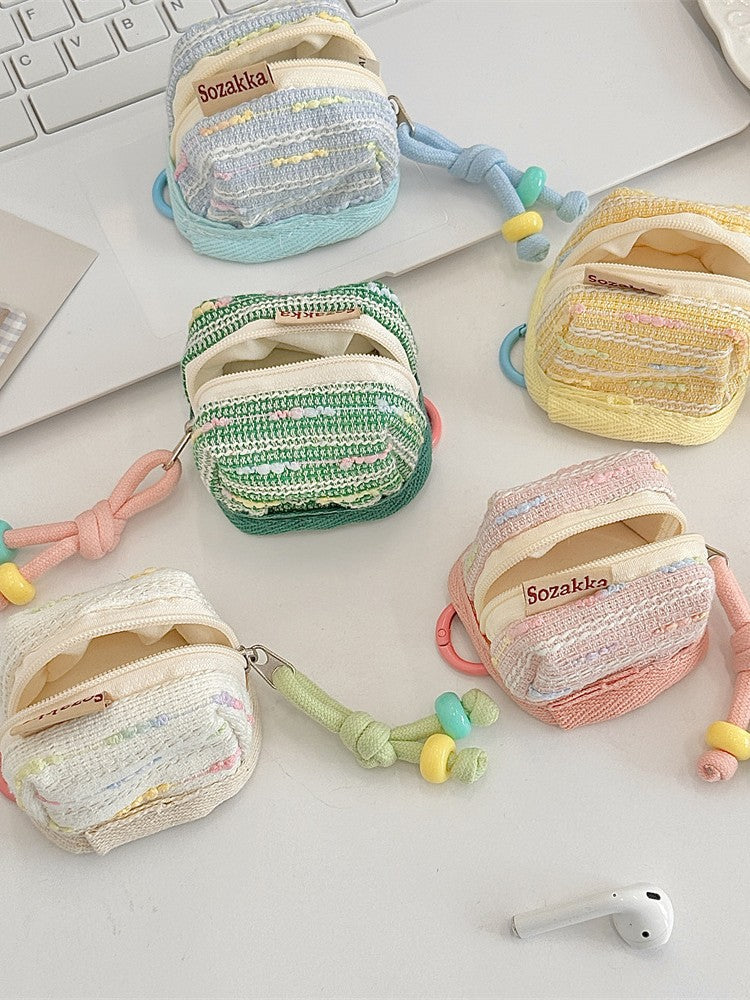 3pc Chic Woven Mini Backpack Pouch - Earphone Case & Coin Purse with Keychain Lanyard(white)