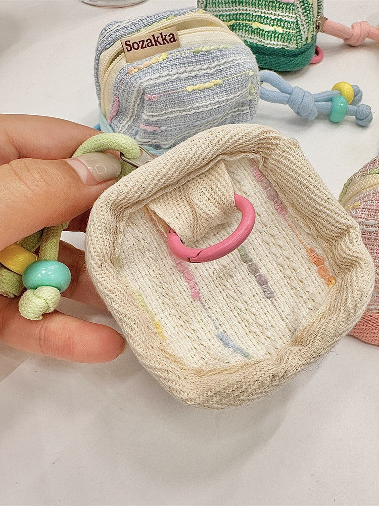 3pc Chic Woven Mini Backpack Pouch - Earphone Case & Coin Purse with Keychain Lanyard(pink)