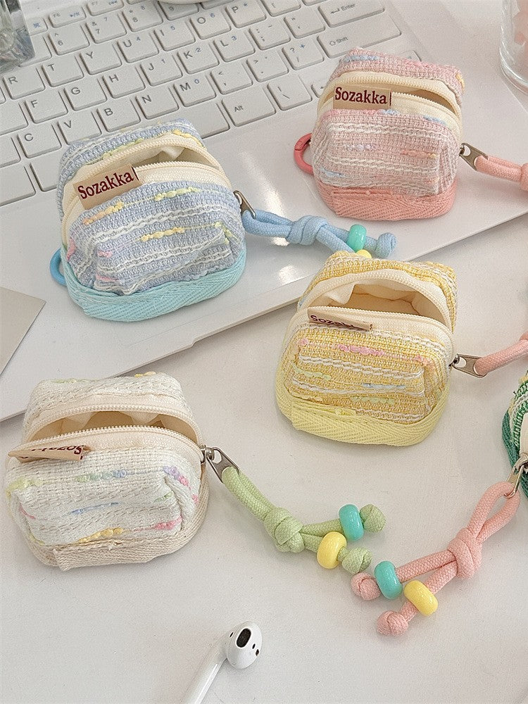 3pc Chic Woven Mini Backpack Pouch - Earphone Case & Coin Purse with Keychain Lanyard(pink)