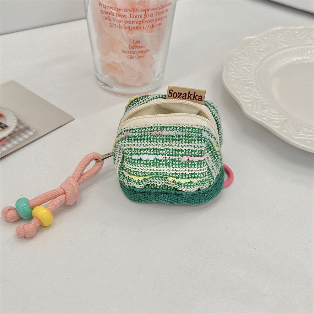 3pc Chic Woven Mini Backpack Pouch - Earphone Case & Coin Purse with Keychain Lanyard(green)