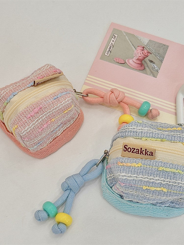 3pc Chic Woven Mini Backpack Pouch - Earphone Case & Coin Purse with Keychain Lanyard(green)