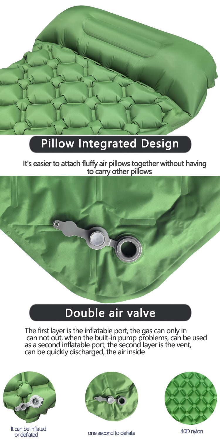 2pc Ultralight Inflatable Camping Sleeping Mat with Integrated Pillow - Waterproof 40D Nylon TPU(Army Green)