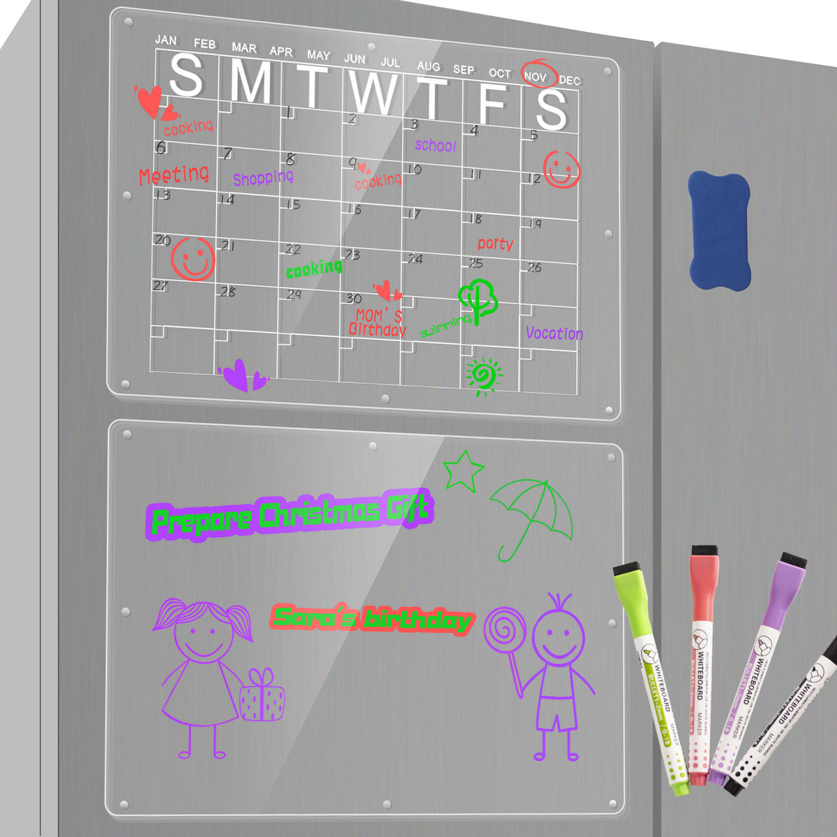 Magnetic Acrylic Fridge Calendar &amp; Memo Board Set - Dry Erase Planner with Markers &amp; Eraser(43*30cm 3mm)