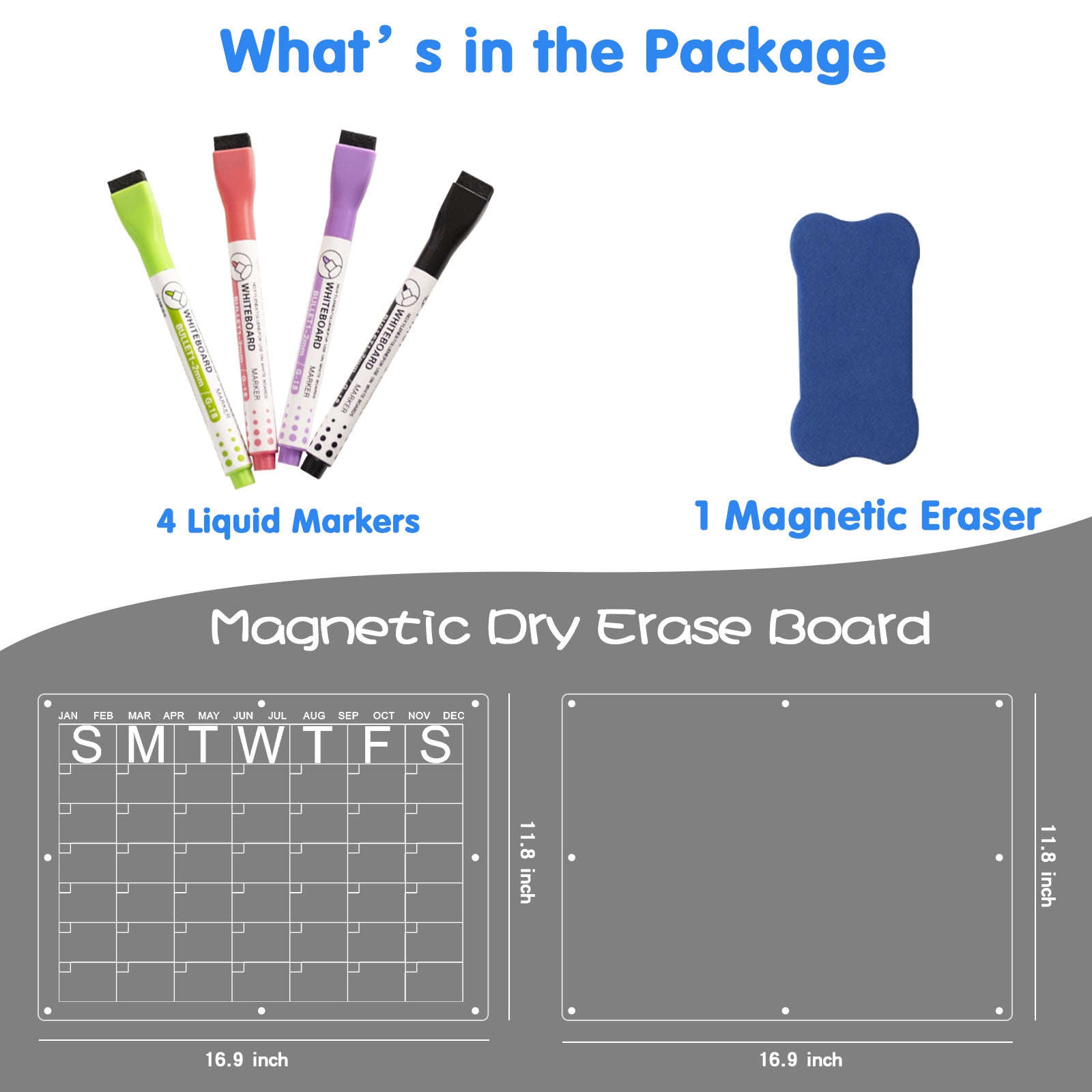 Magnetic Acrylic Fridge Calendar & Memo Board Set - Dry Erase Planner with Markers & Eraser(43*30cm 3mm)