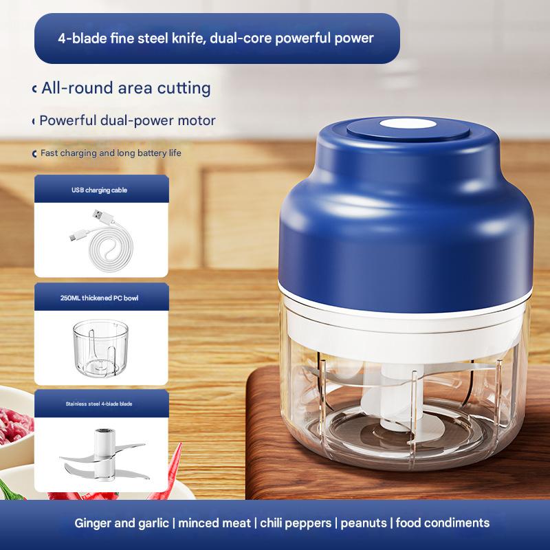 Powerful Mini Electric Food Chopper - USB Rechargeable Cordless Garlic &amp; Meat Mincer(Blue 250ml + 4-blade knife)