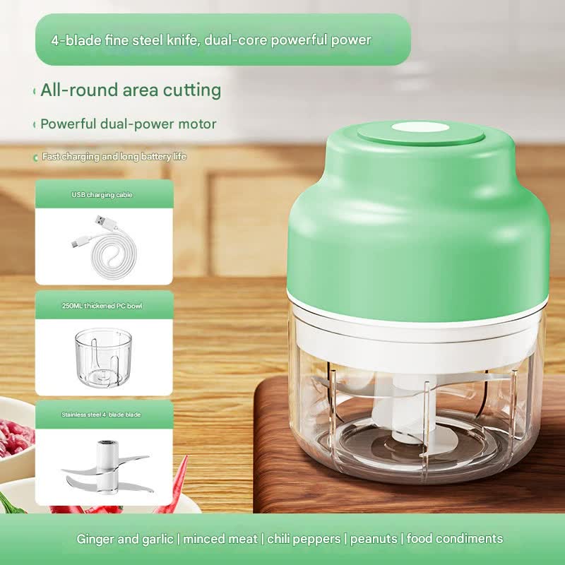 Powerful Mini Electric Food Chopper - USB Rechargeable Cordless Garlic &amp; Meat Mincer(green 250ml + 4-blade knife)