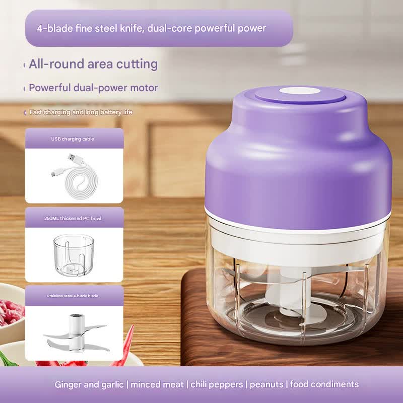Powerful Mini Electric Food Chopper - USB Rechargeable Cordless Garlic &amp; Meat Mincer(purple 250ml + 4-blade knife)