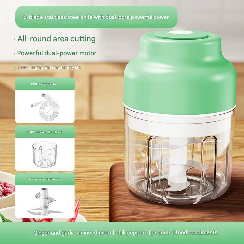 Powerful Mini Electric Food Chopper - USB Rechargeable Cordless Garlic &amp; Meat Mincer(green 320ml + 6-blade knife)