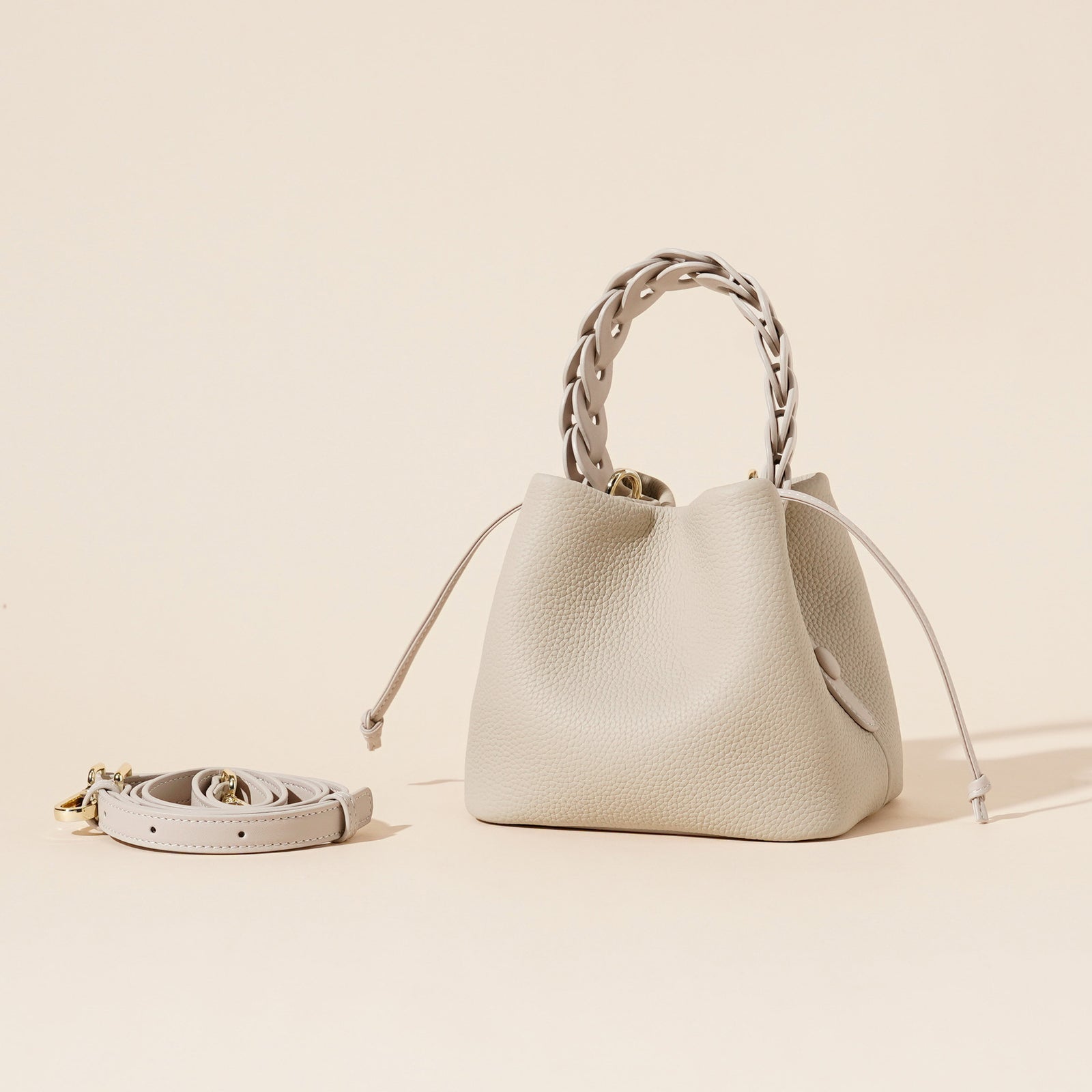 Genuine Leather Mini Bucket Bag with Braided Handle - Chic Drawstring Crossbody Purse(white)
