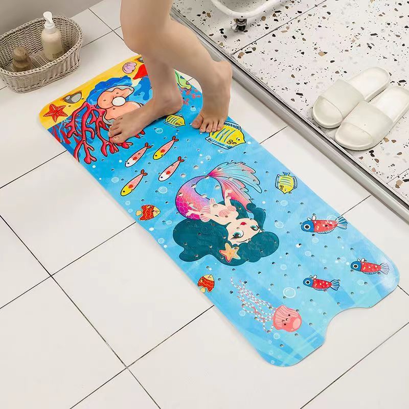 Non-Slip PVC Bath &amp; Shower Mat with Suction Cups and Drainage Holes - Cartoon Ocean Theme(Dark-haired Mermaid)