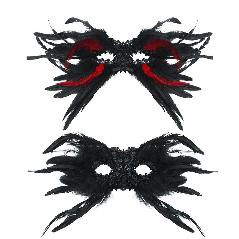 Black Mysterious Gothic Feather Masquerade Mask - Black Angel Wing Venetian Party Costume