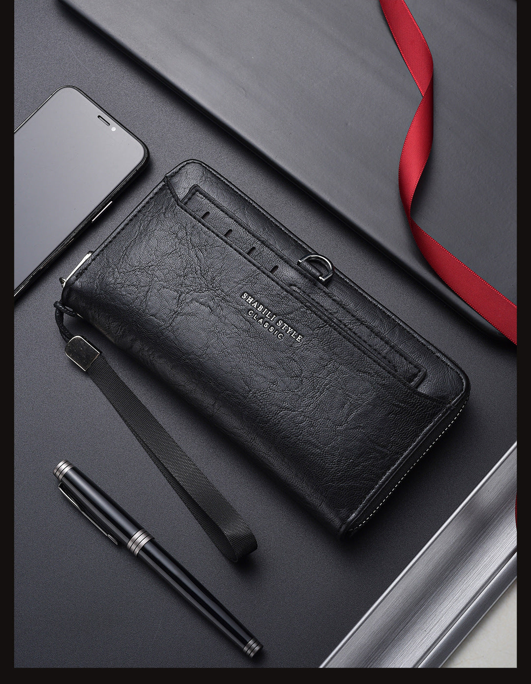 Black Classic Long Zipper Wallet Clutch - Large Capacity PU Leather Phone &amp; Card Holder with Wrist Strap