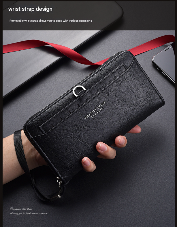 Black Classic Long Zipper Wallet Clutch - Large Capacity PU Leather Phone & Card Holder with Wrist Strap