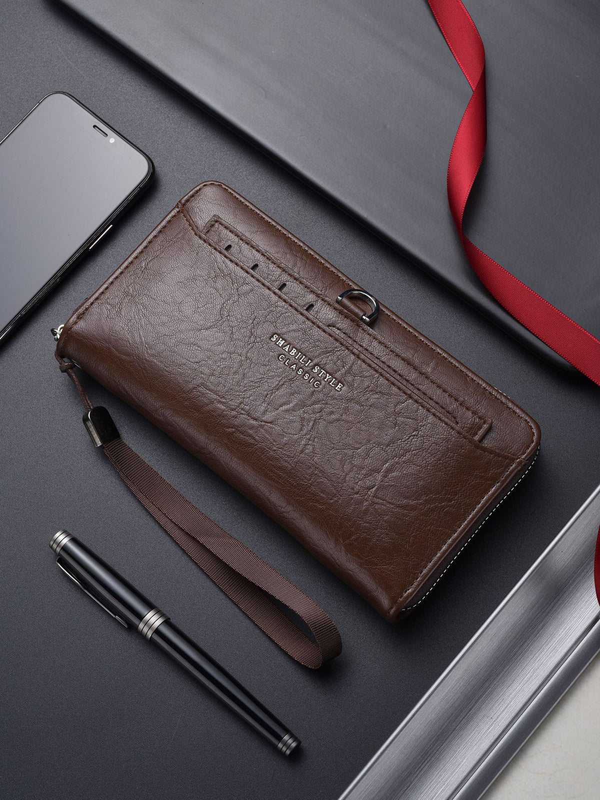 Coffee Classic Long Zipper Wallet Clutch - Large Capacity PU Leather Phone &amp; Card Holder with Wrist Strap