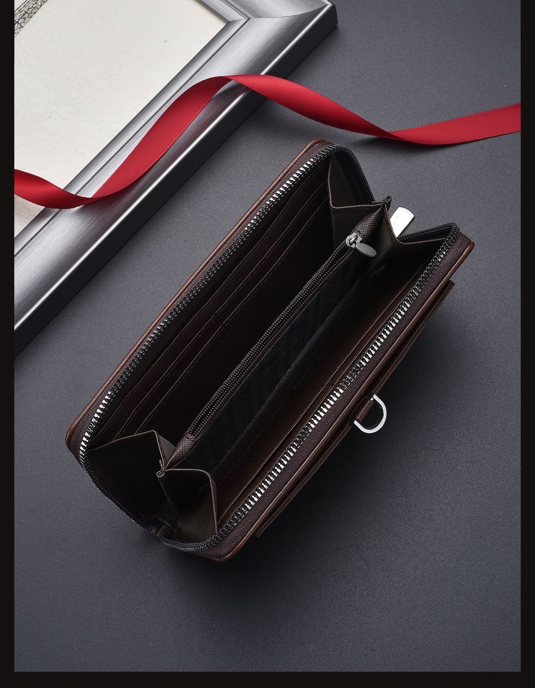 Coffee Classic Long Zipper Wallet Clutch - Large Capacity PU Leather Phone & Card Holder with Wrist Strap