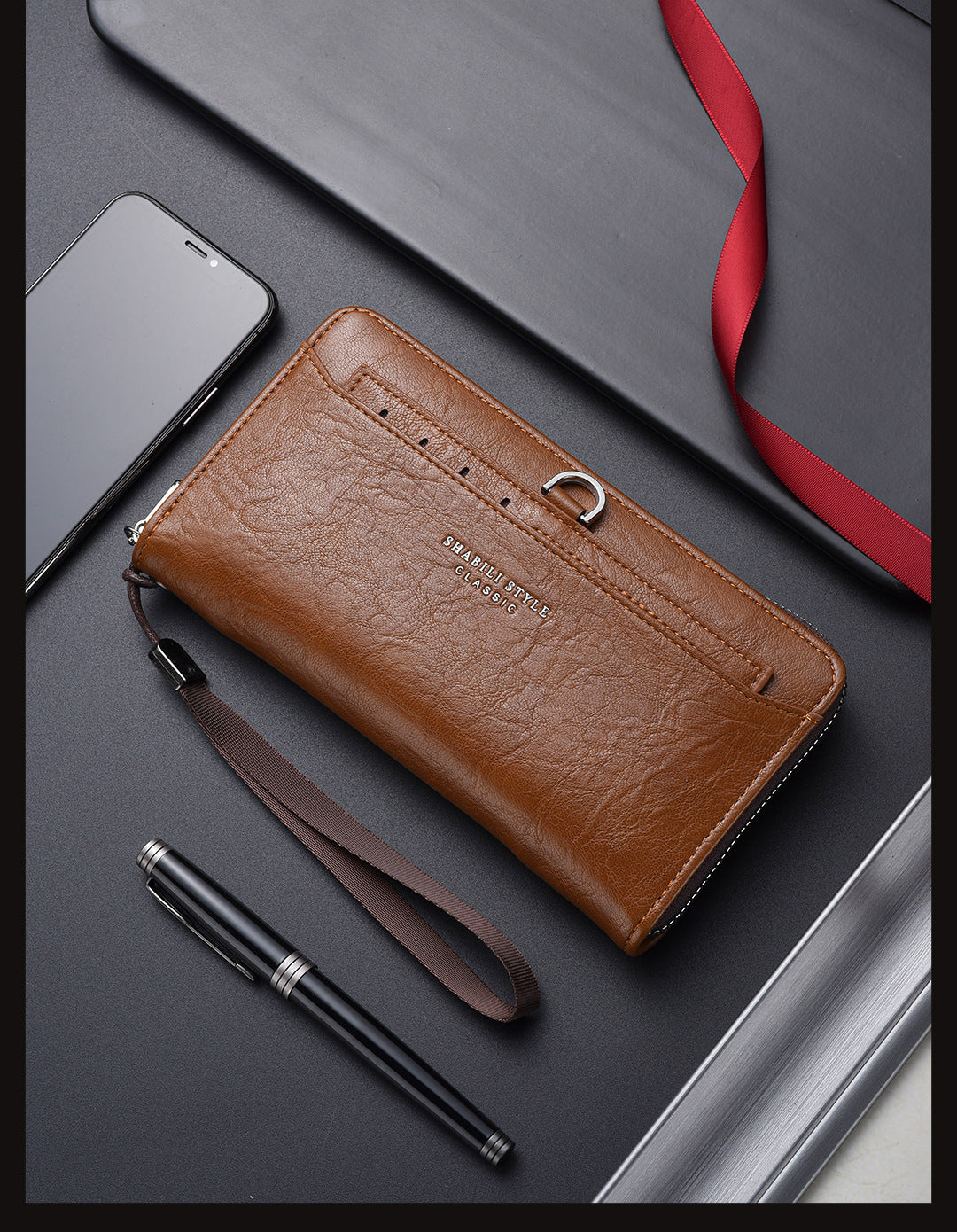 Brown Classic Long Zipper Wallet Clutch - Large Capacity PU Leather Phone &amp; Card Holder with Wrist Strap