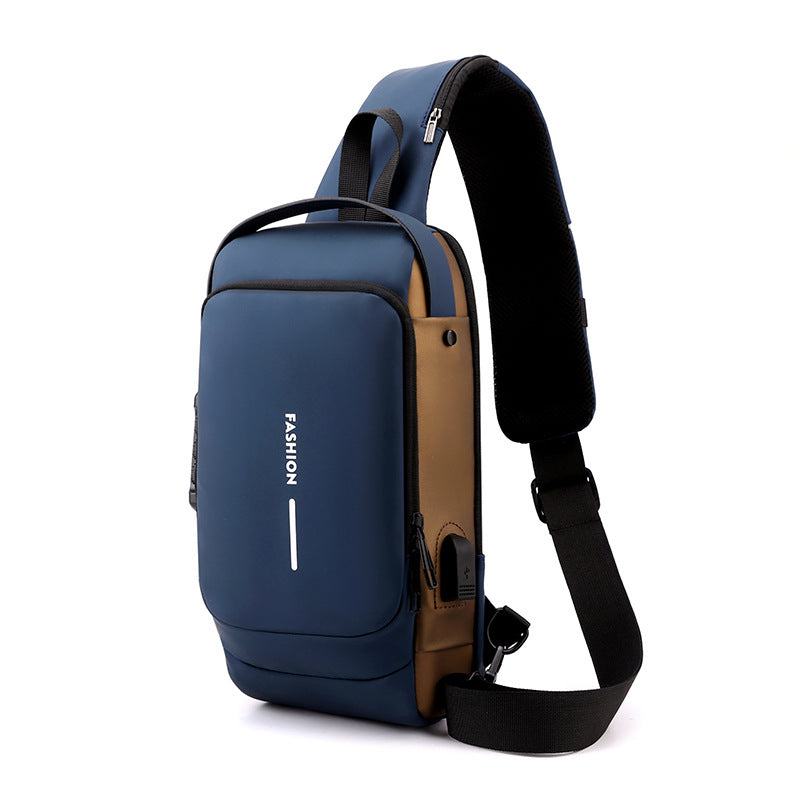 Blue and Brown Men&#39;s Anti-Theft Crossbody Sling Bag with USB Charging Port &amp; Combination Lock