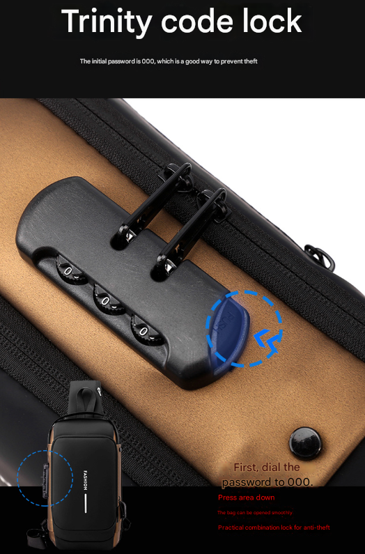 Grey and Brown Men's Anti-Theft Crossbody Sling Bag with USB Charging Port & Combination Lock