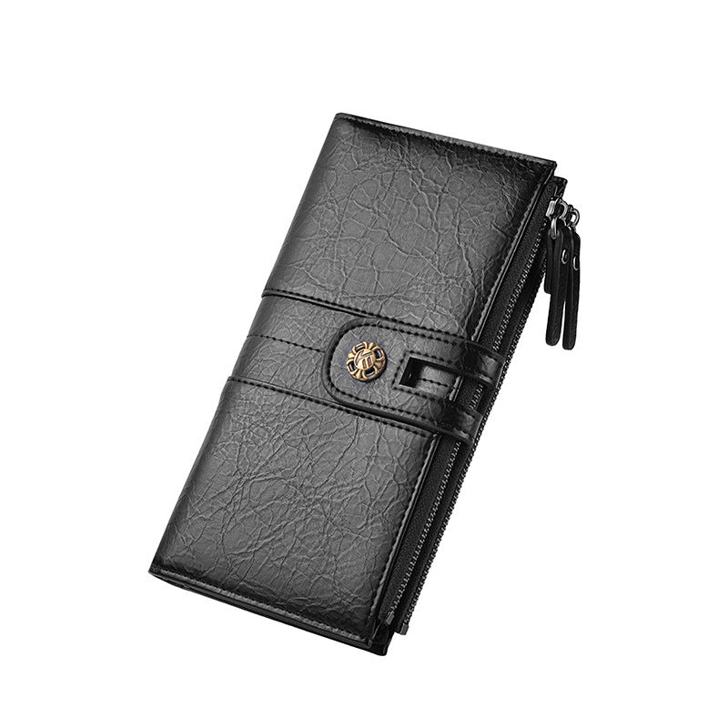Black Men's Vintage PU Leather Long Wallet - High Capacity Dual Zipper Clutch with Phone &amp; Card Slots