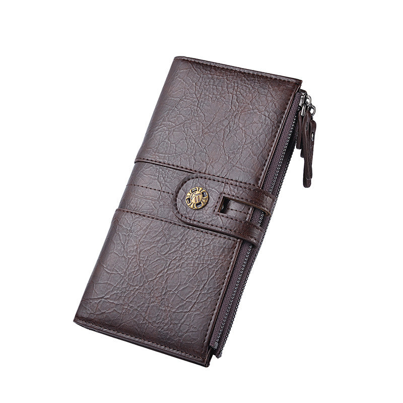 Coffee Men&#39;s Vintage PU Leather Long Wallet - High Capacity Dual Zipper Clutch with Phone &amp; Card Slots