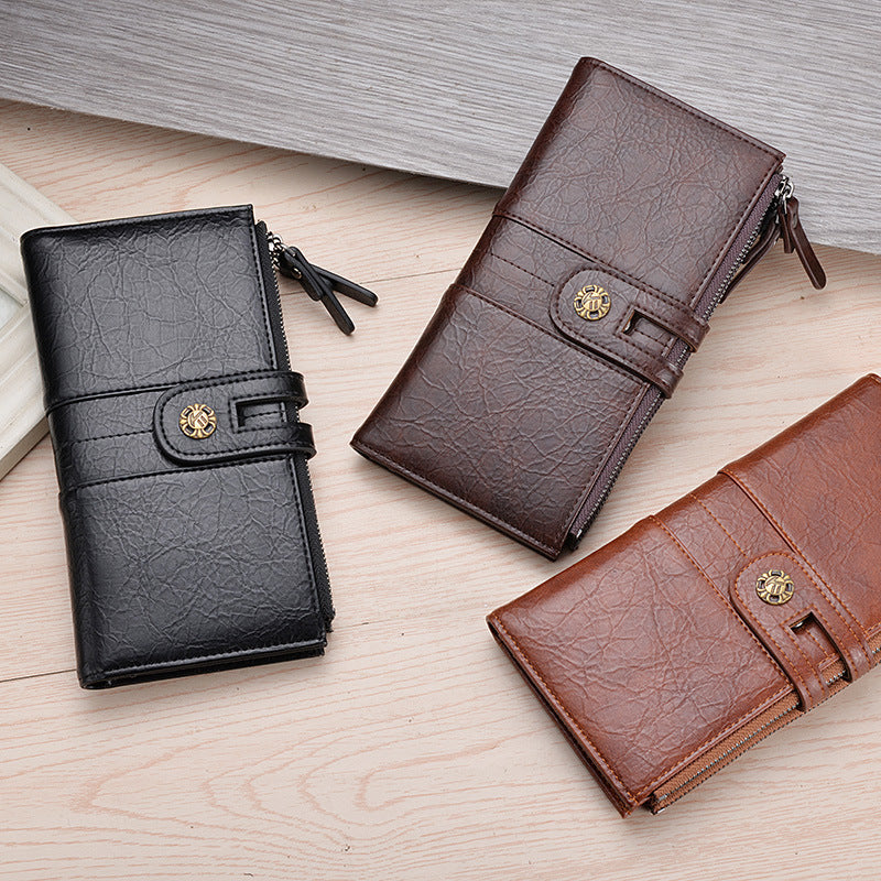Brown Men's Vintage PU Leather Long Wallet - High Capacity Dual Zipper Clutch with Phone & Card Slots