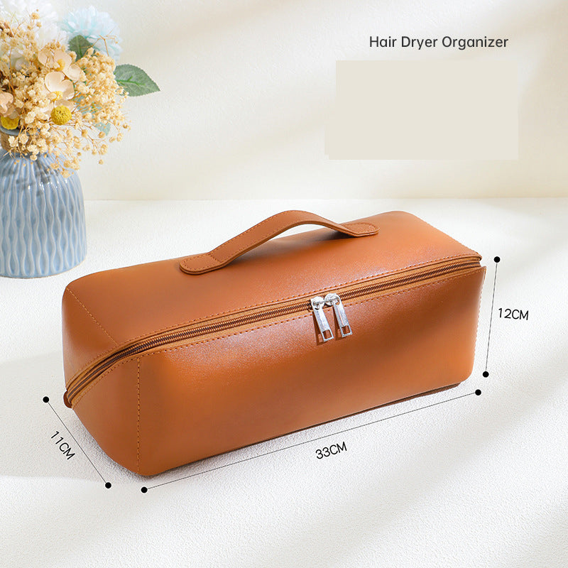 Brown Premium PU Leather Travel Case for Hair Styling Tools - Double Layer Waterproof Organizer Bag for Hair Dryer, Curler &amp; Straightener