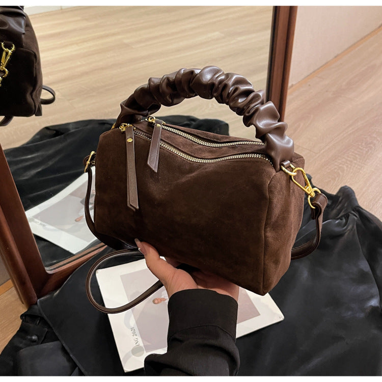 Coffee Chic Ruched Handle Crossbody Bag - Womens Faux Suede Top Handle Handbag with Detachable Strap