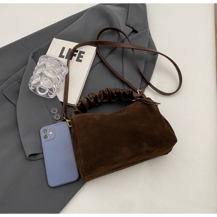 Coffee Chic Ruched Handle Crossbody Bag - Womens Faux Suede Top Handle Handbag with Detachable Strap