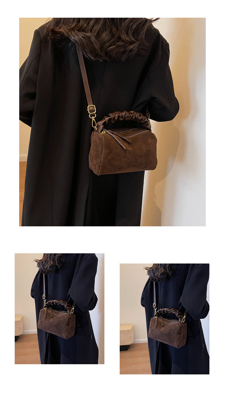 Coffee Chic Ruched Handle Crossbody Bag - Womens Faux Suede Top Handle Handbag with Detachable Strap