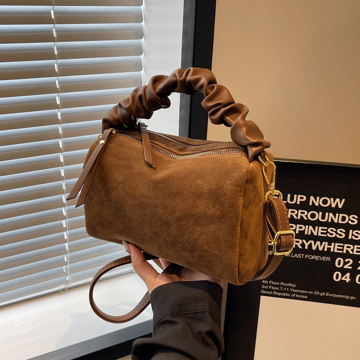 Brown Chic Ruched Handle Crossbody Bag - Womens Faux Suede Top Handle Handbag with Detachable Strap