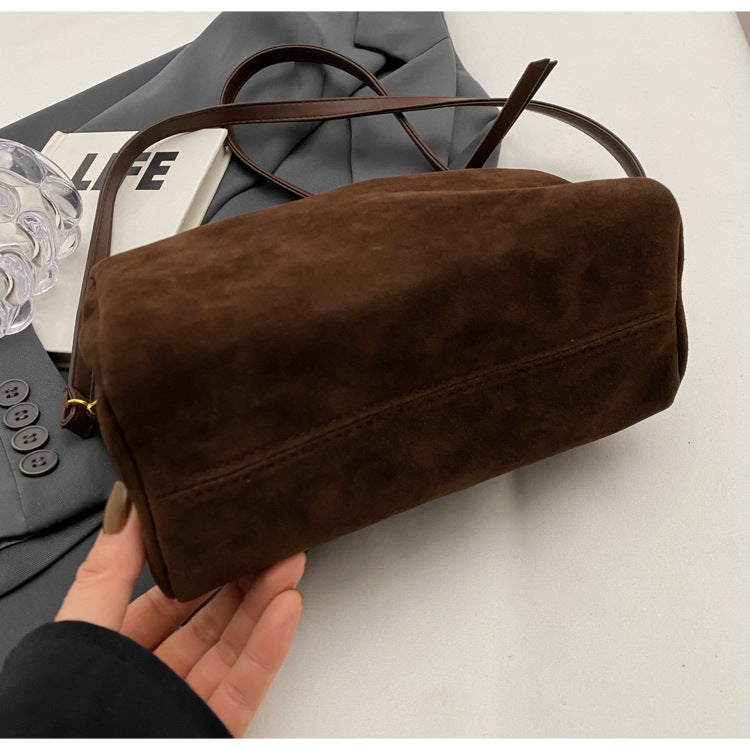 Brown Chic Ruched Handle Crossbody Bag - Womens Faux Suede Top Handle Handbag with Detachable Strap