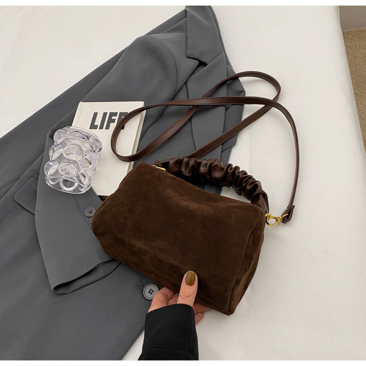Brown Chic Ruched Handle Crossbody Bag - Womens Faux Suede Top Handle Handbag with Detachable Strap