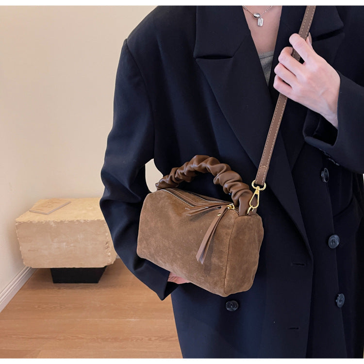 Brown Chic Ruched Handle Crossbody Bag - Womens Faux Suede Top Handle Handbag with Detachable Strap