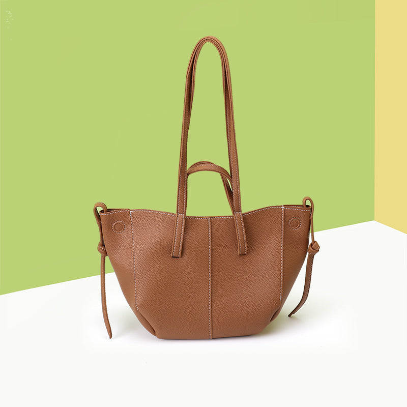 Brown Chic Minimalist PU Leather Tote Bag - Women's Versatile Shoulder Handbag with Contrast Stitching