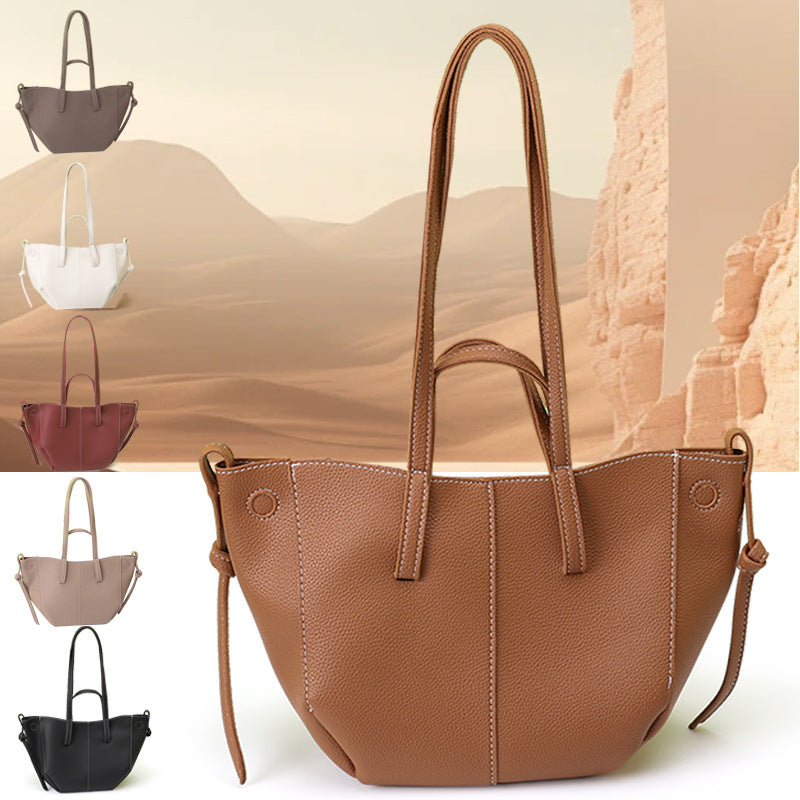 Brown Chic Minimalist PU Leather Tote Bag - Women's Versatile Shoulder Handbag with Contrast Stitching