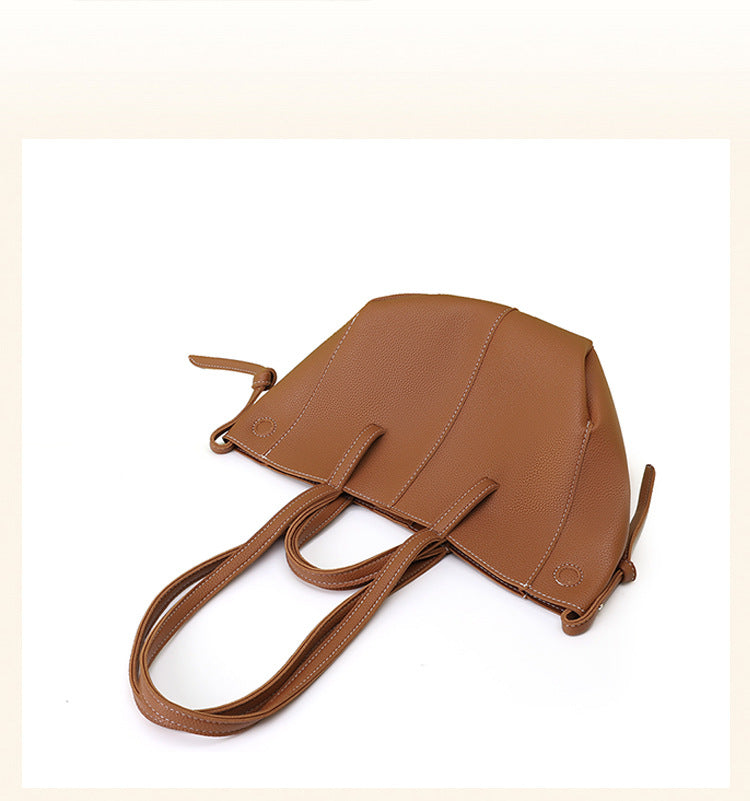 Brown Chic Minimalist PU Leather Tote Bag - Women's Versatile Shoulder Handbag with Contrast Stitching