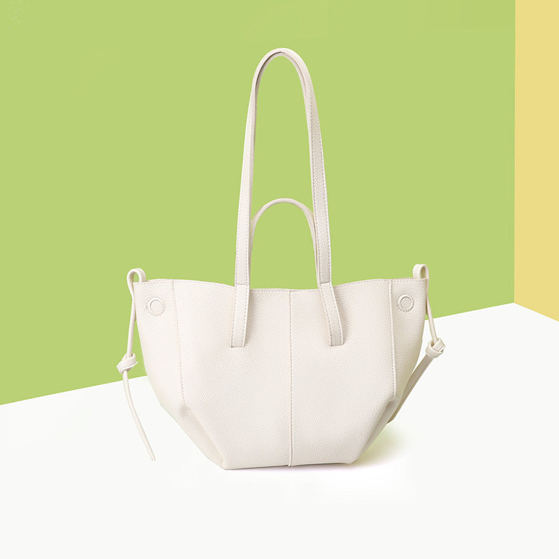 White Chic Minimalist PU Leather Tote Bag - Women's Versatile Shoulder Handbag with Contrast Stitching